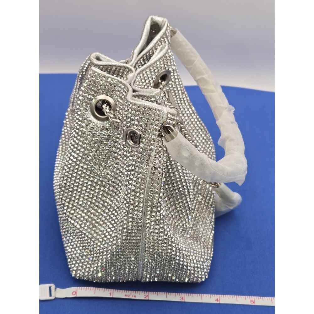 Silver Rhinestone Crystal Bucket Bag Purse w/ Chain Strap & Top Handle – New - Picture 9 of 9